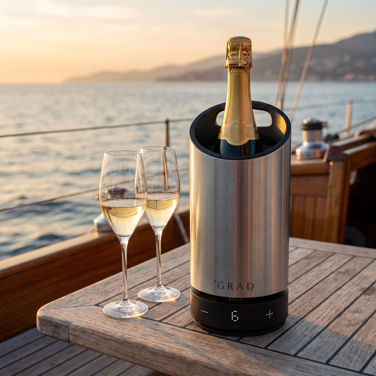 GRAD No.1 Steel Series wine cooler keeping white wine chilled on a yacht deck
