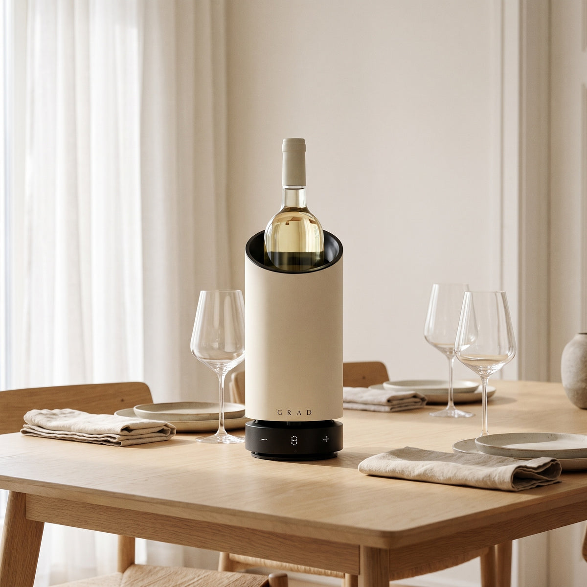 GRAD No.1 off-white wine cooler on a Nordic dining table during dinner